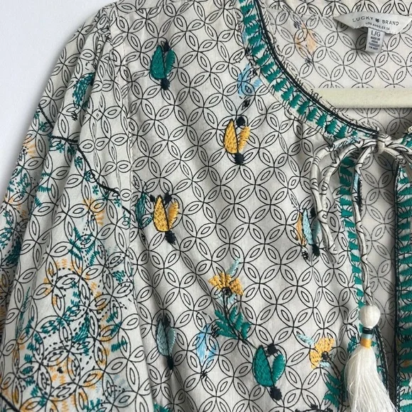 Lucky Brand Large Evelyn Embroidered Peasant Bohemian Tassel Balloon Sleeve Top - Picture 8 of 12